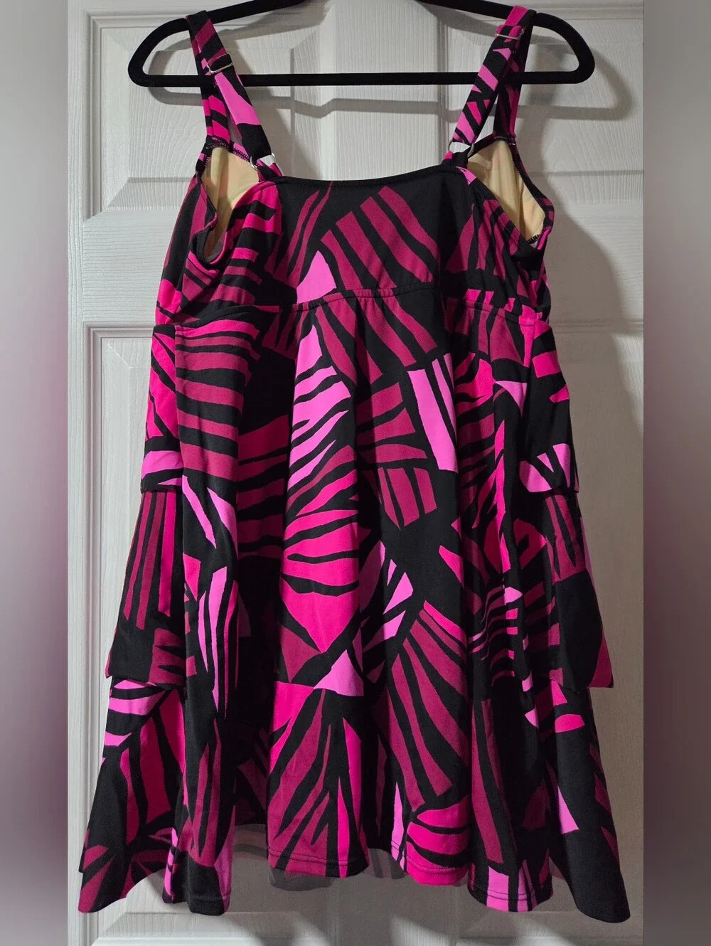 Tiered Zebra-Print One-Piece Swimdress in Hot Pink and Black